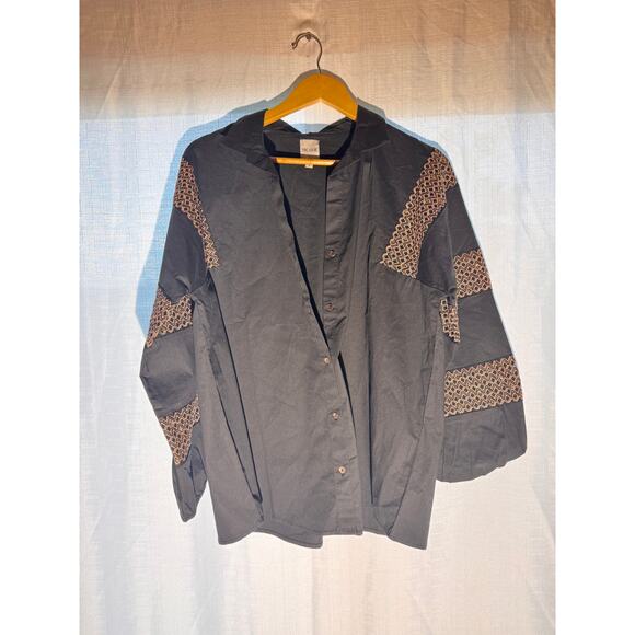 NIC+ZOE Black Embroidered Button-Up Blouse Size Large - Picture 6 of 8